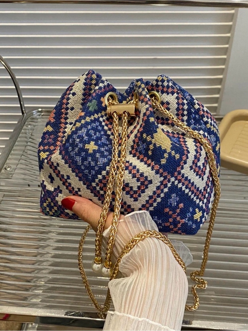 Woven Boho Drawstring Bucket Bag - Navy Pattern - Picture 3 of 7